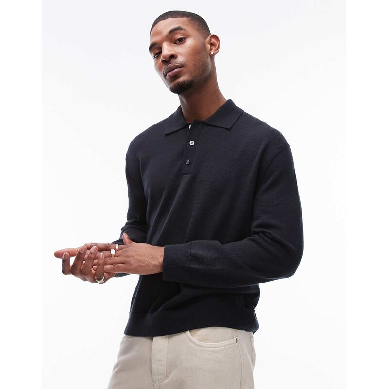 ARKET merino wool knitted long sleeve polo shirt in navy-Blue