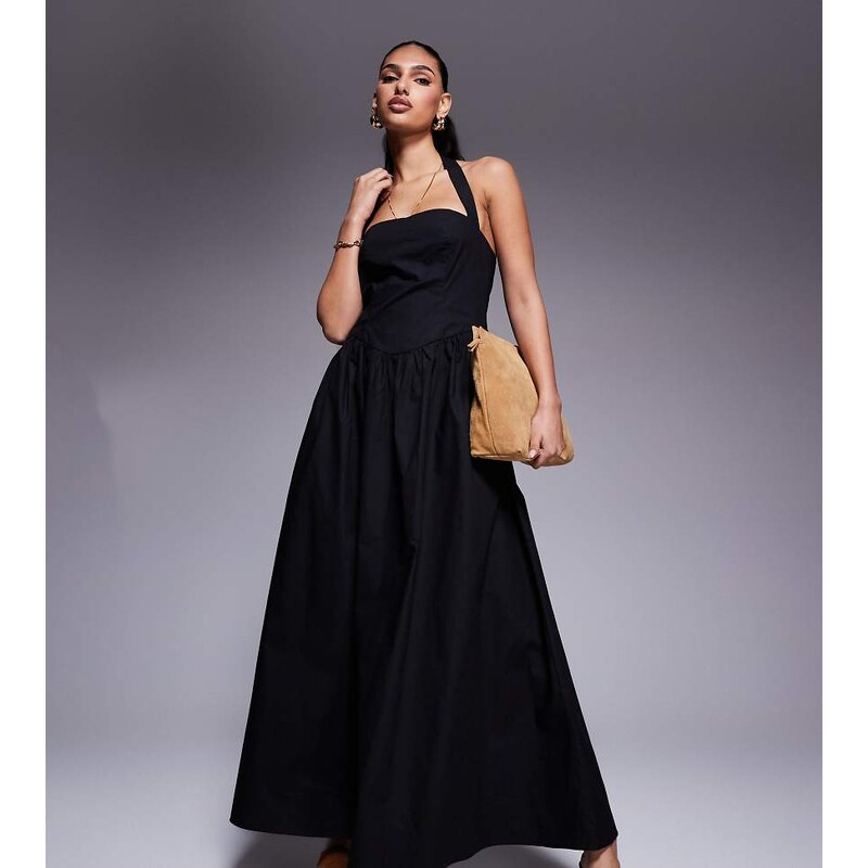 Kaiia exclusive cotton rich poplin square neck halter maxi dress