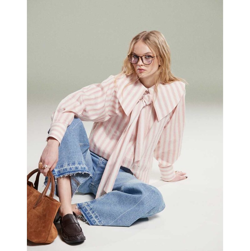 ASOS DESIGN shirt with large collar and tie detail in pink stripe 115711433