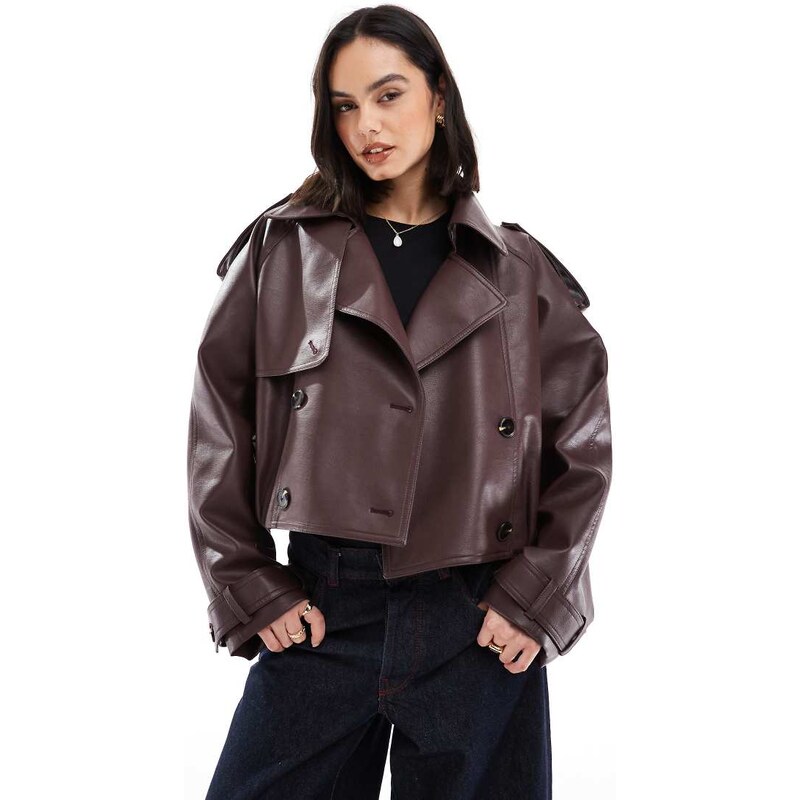 ASOS DESIGN leather look bomber trench coat in chocolate-Brown