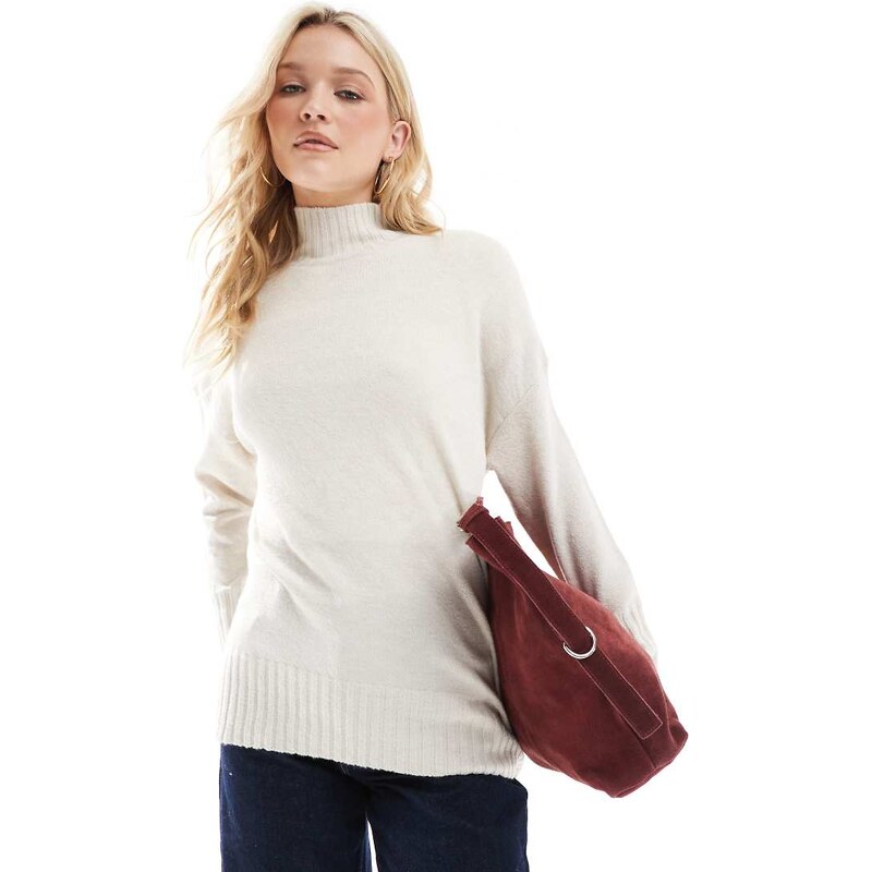 ONLY high neck ribbed longline jumper in cream-White