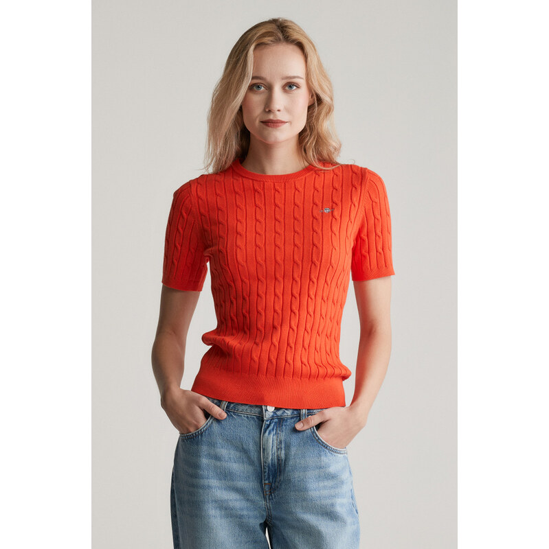 SVETR GANT STRETCH COTTON CABLE SS C-NECK ORANGE RED 104356758