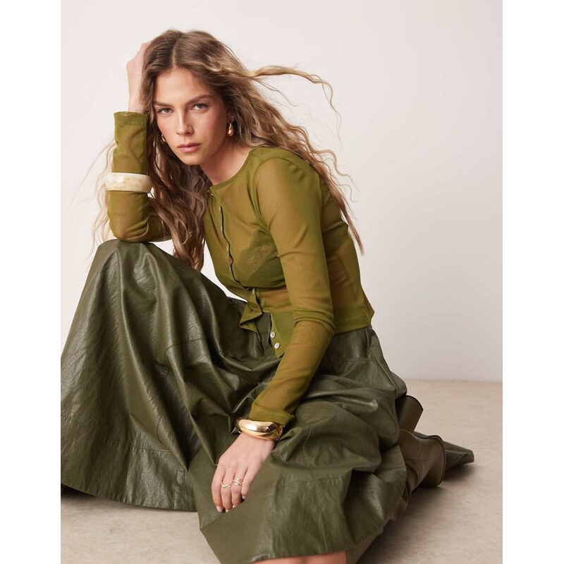 ASOS DESIGN mesh pearlised button through cardigan in olive-Green 103944479