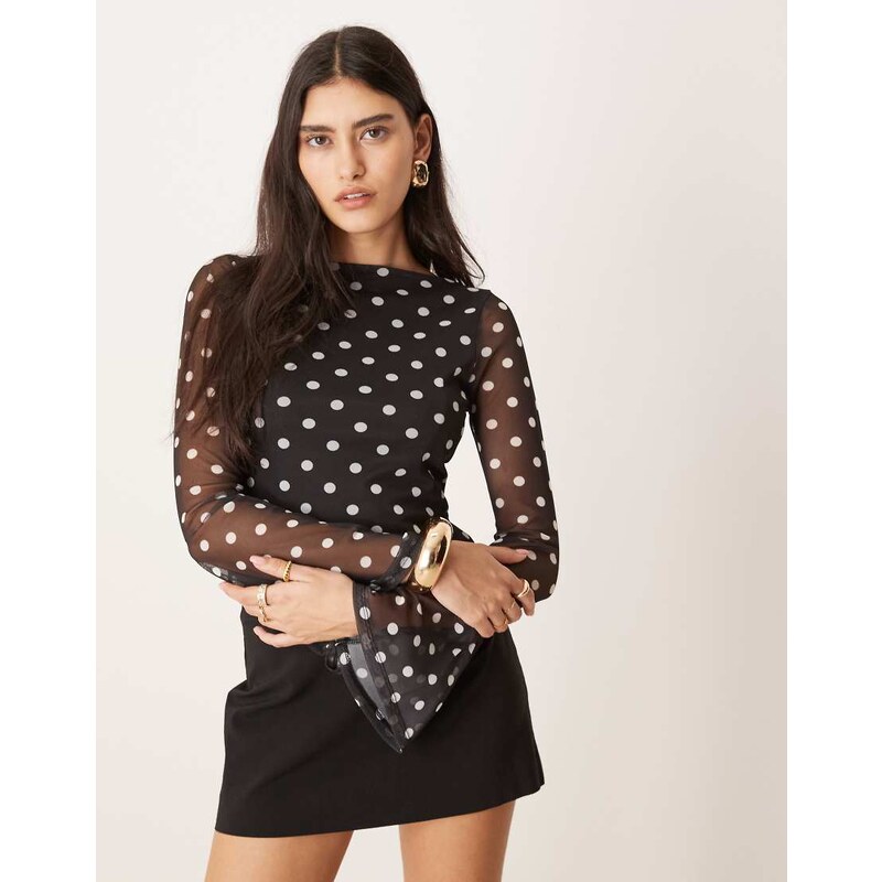 ASOS DESIGN polka dot printed mesh angel sleeve top with open