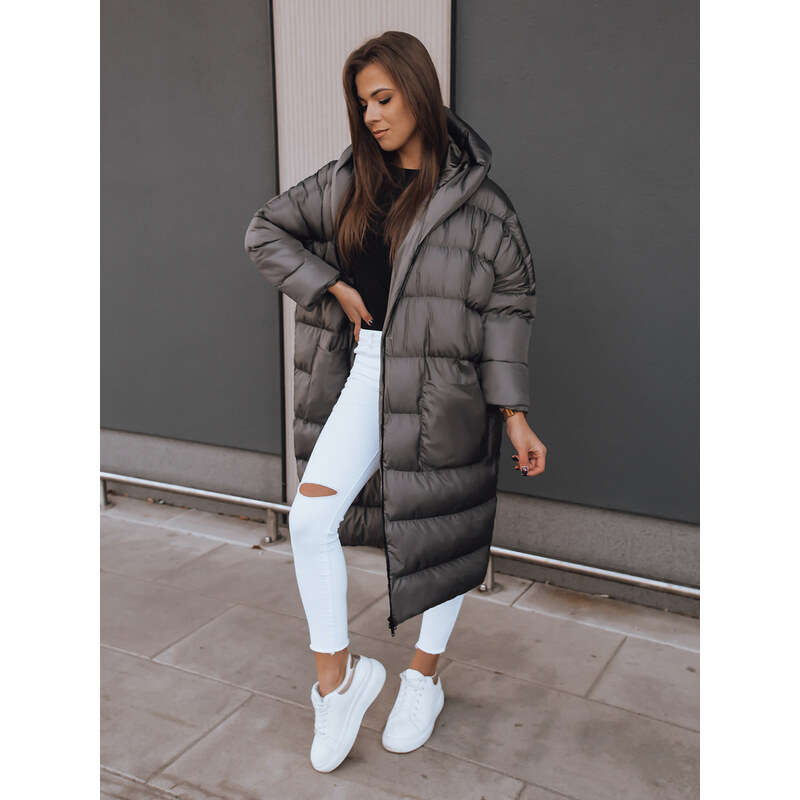 BASIC Tmavě šedý prošívaný dlouhý kabát ANNIKA Šedá 103949835