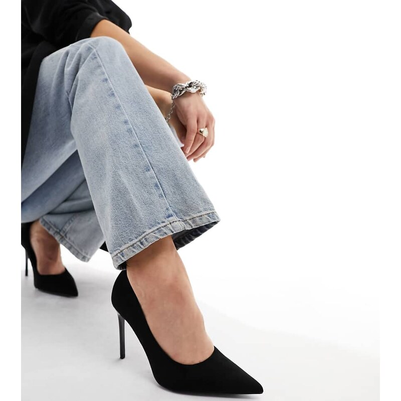 ASOS DESIGN Wide Fit Paphos pointed high heeled court shoes in black suedette