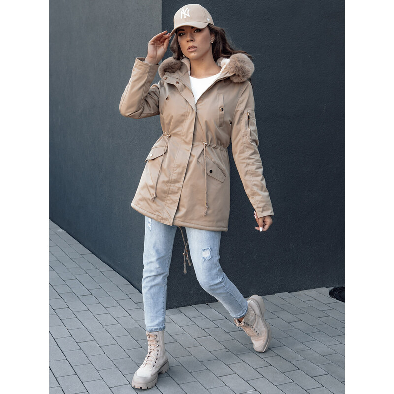 BASIC Béžová parka s kožešinovou kapucí ERISS 103975985