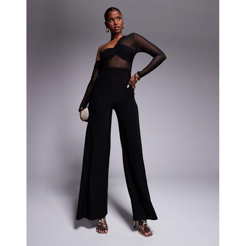 ASOS DESIGN long sleeve mesh mix jumpsuit with fallen shoulder in 104004941