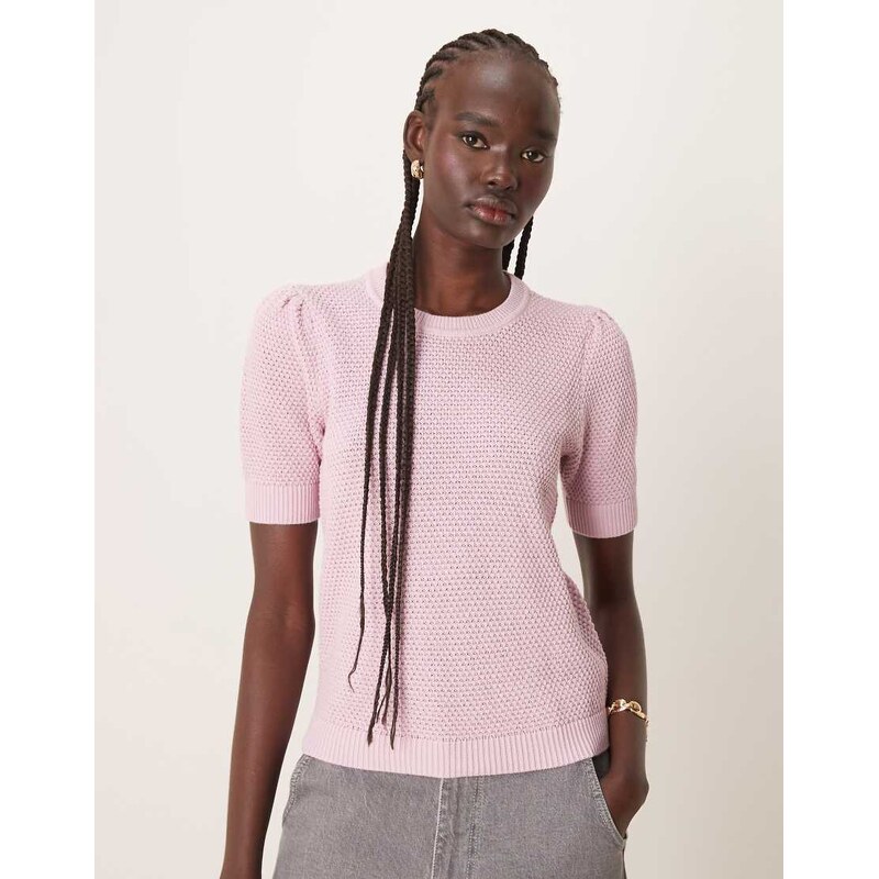 Vila short sleeve textured knitted t-shirt in orchid pink 112574801