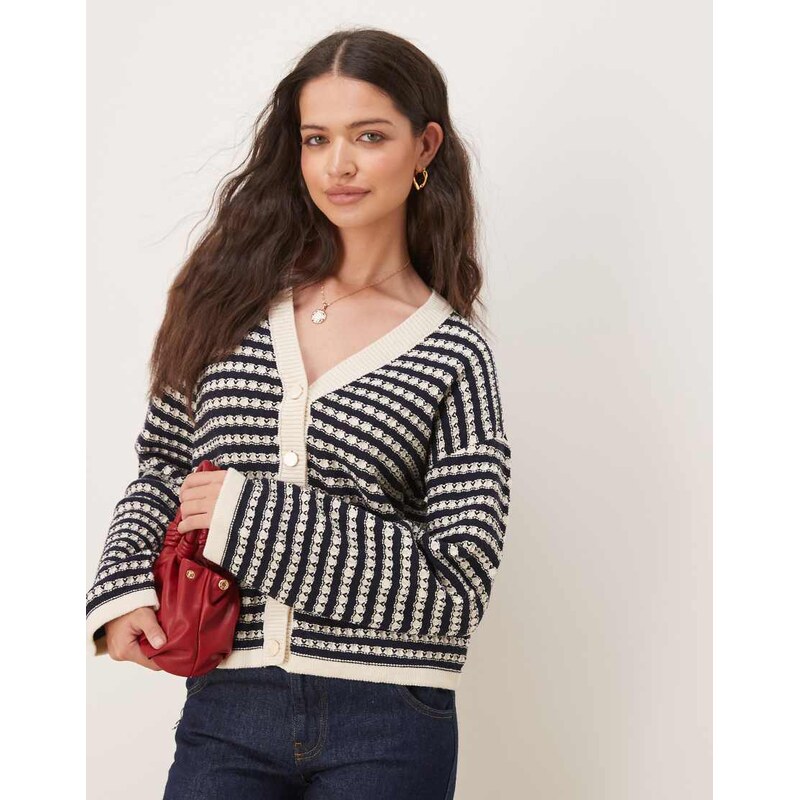 YAS textured stripe knitted cardigan in black and cream-White
