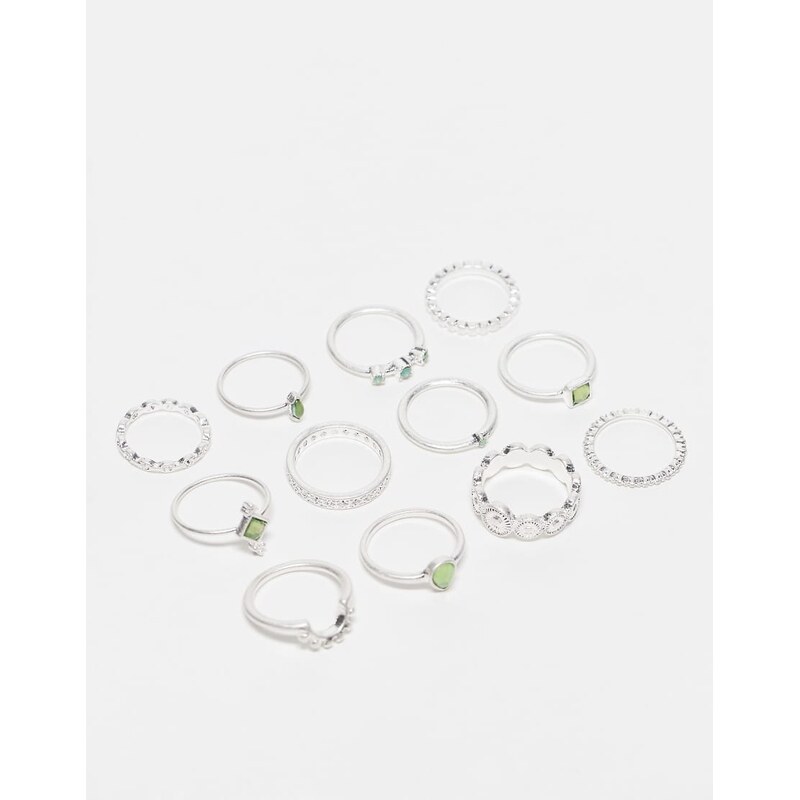 ASOS DESIGN pack of 12 rings in worn silver tone 104037376