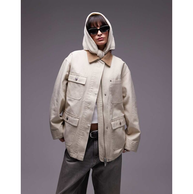 ARKET oversized workwear barn jacket in off-white with utility pockets 104078234