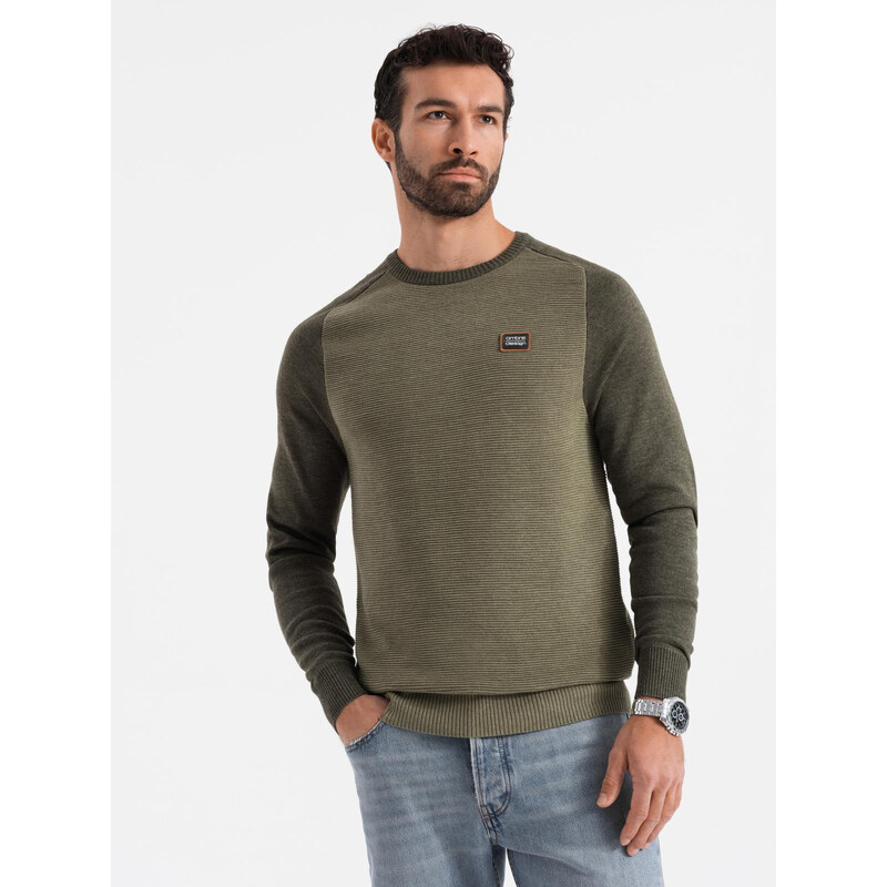 Ombre Cotton mens sweater with patch and raglan sleeves - olive