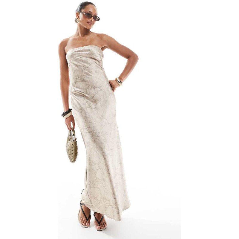 4th & Reckless satin bandeau maxi dress in beige marble print-Multi 111000443