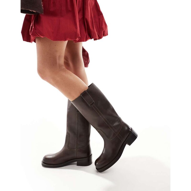 ASOS DESIGN Cindy leather pull on boot in chocolate-Brown 105328254