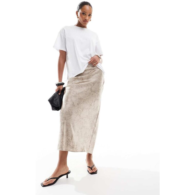 4th & Reckless satin maxi skirt in beige marble print-Multi 111232761
