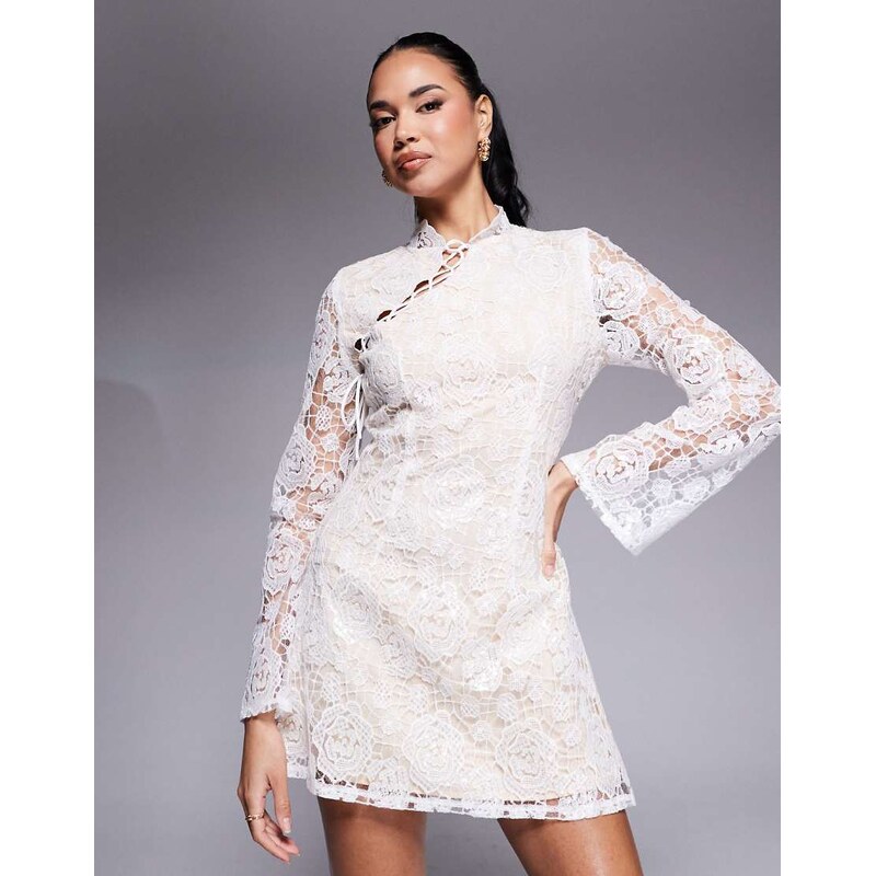 Rare London lace asymmetric lace up detail mini dress in white 104064444