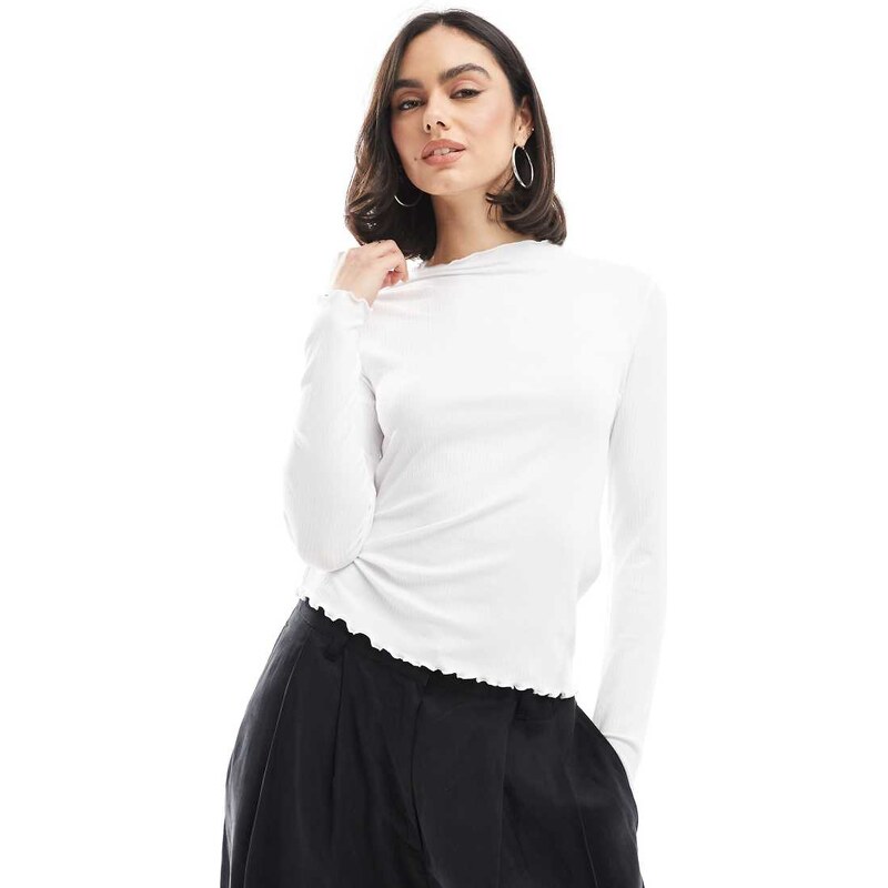 Pieces ribbed long sleeve top with lettuce edge detail in white