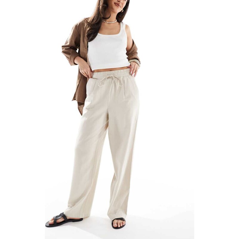 Vero Moda linen blend tie waist trousers in stone-Neutral