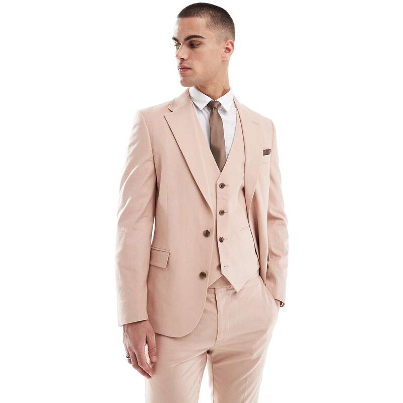ASOS DESIGN linen blend slim suit jacket in pink