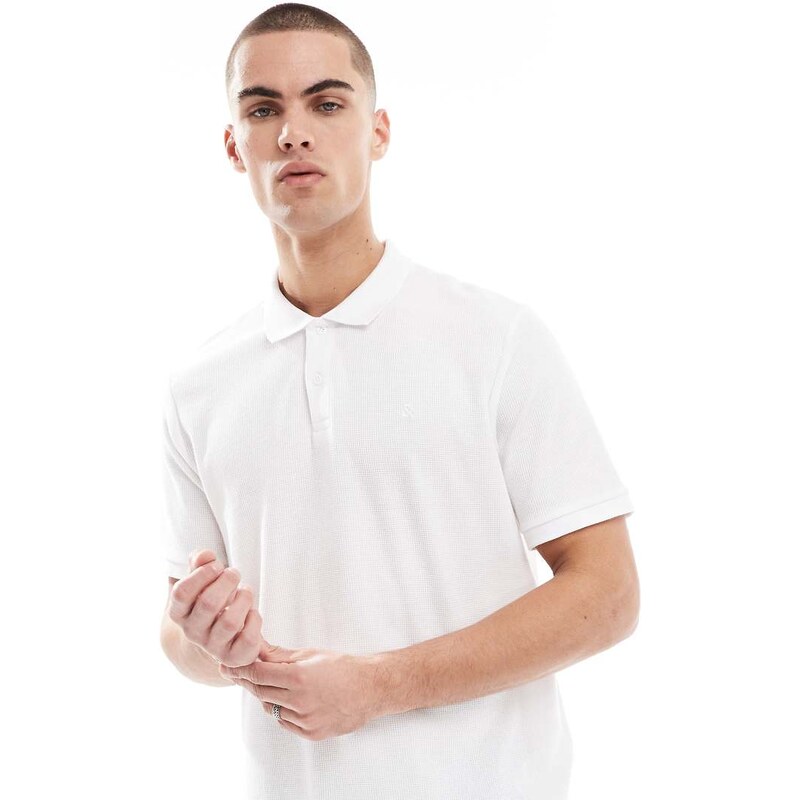 Jack & Jones waffle textured polo shirt in white