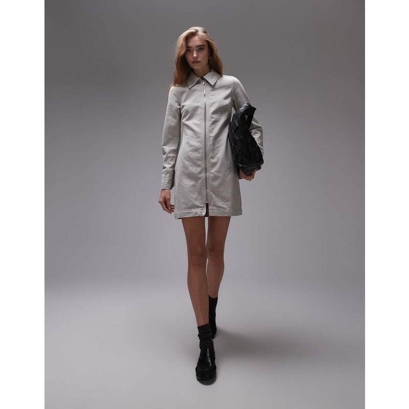 Topshop denim zip through shirt dress in ecru-White