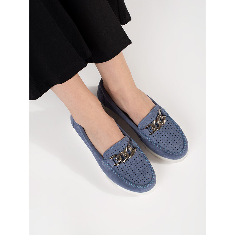 GOODIN Leather blue loafers with a chain on the platform