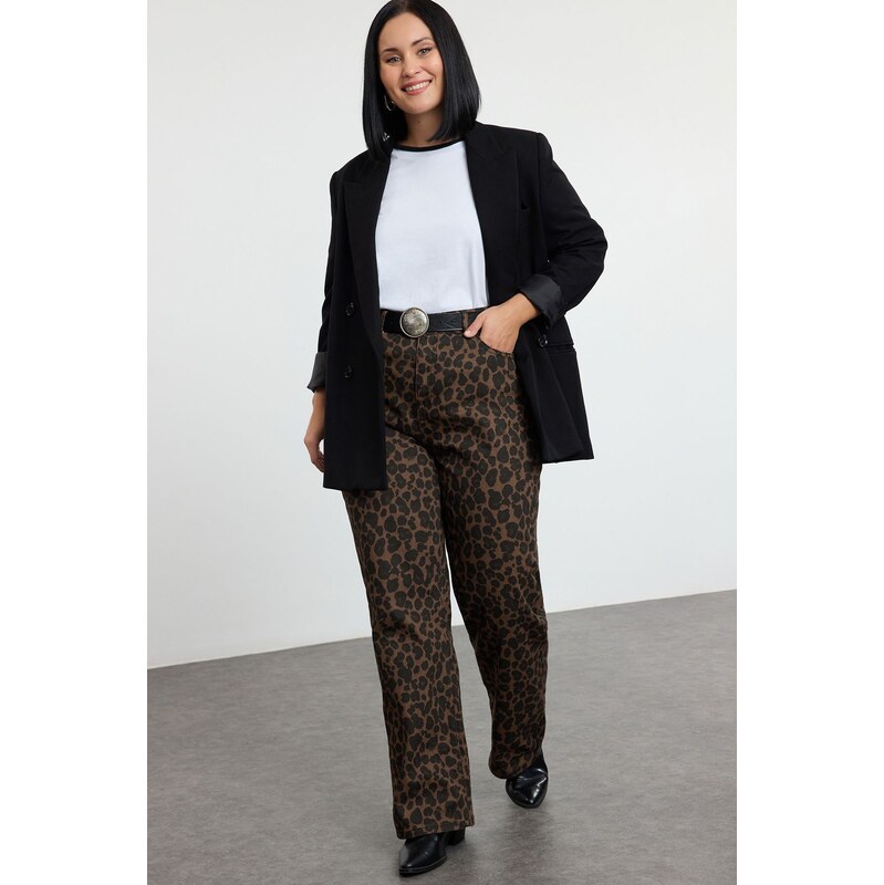Trendyol Curve Brown High Waist Leopard Patterned Straight Fit Plus 107081955