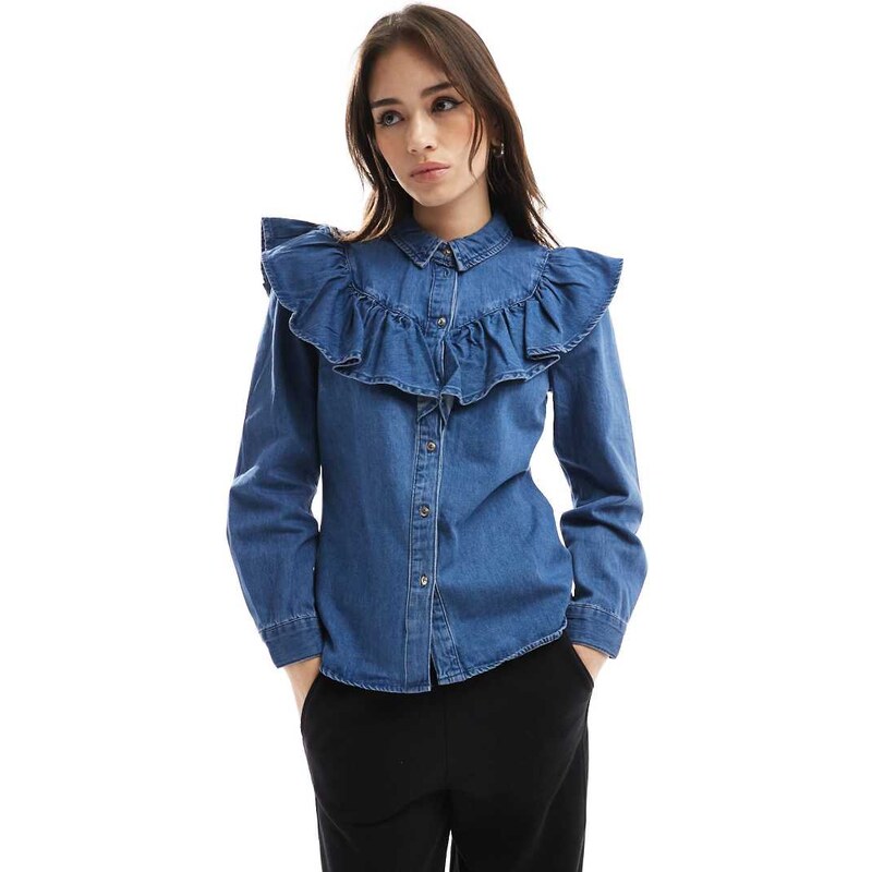 ONLY long sleeve frill denim shirt in mid blue wash 104149838