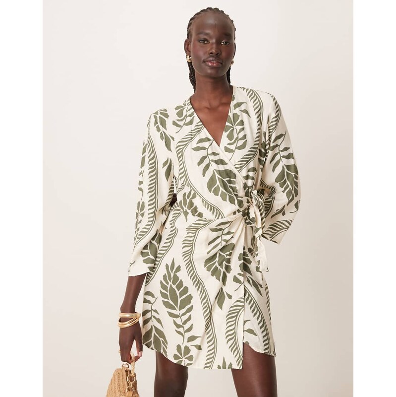 JDY wrap kimono dress beige with khaki palm print-White