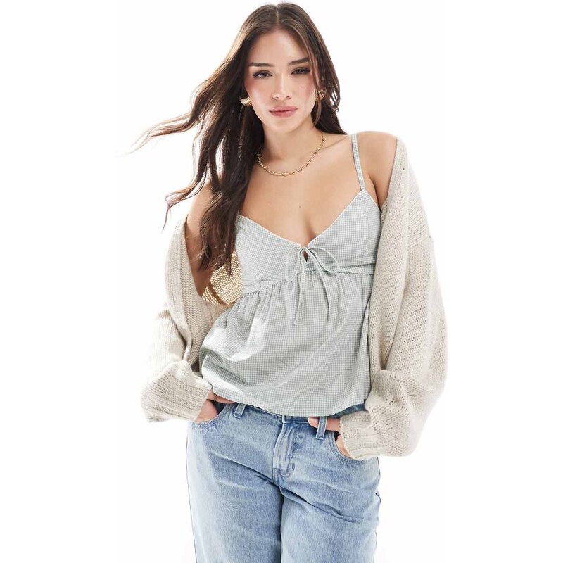 Hollister textured cami strap babydoll top in green gingham 104155959