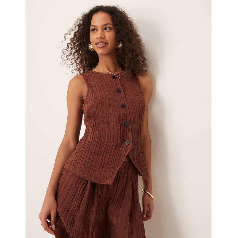 ASOS DESIGN sheer crinkle satin top co-ord in chocolate-Brown 104061418