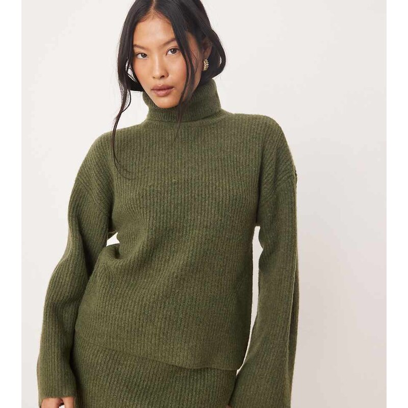 Vila Petite roll neck knitted jumper co-ord in khaki-Green 104155824