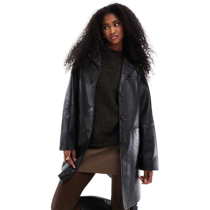 ASOS DESIGN mid length real leather jacket in black