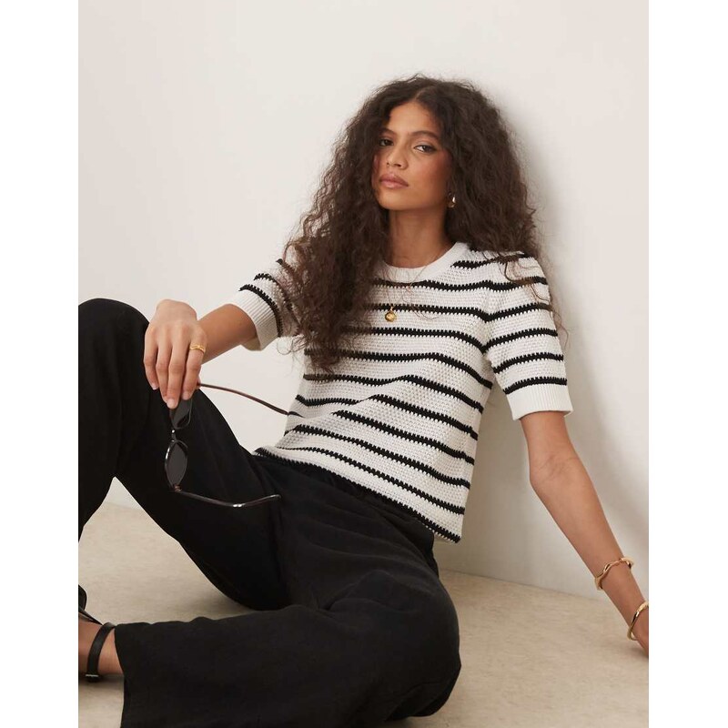 Vila short sleeve knitted t-shirt in black and white stripe 104169777