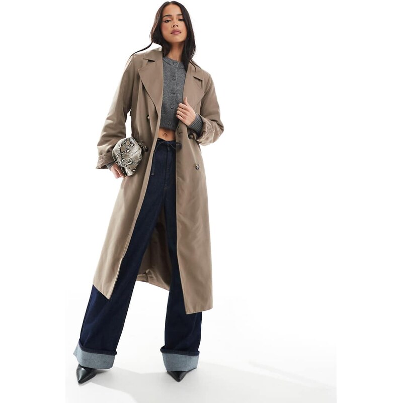 Pieces belted trench coat in lentil brown