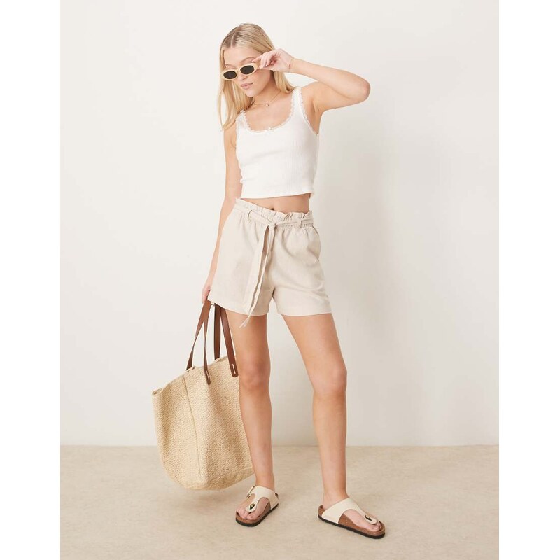 JDY linen mix tie waist shorts in cream-White 115510456