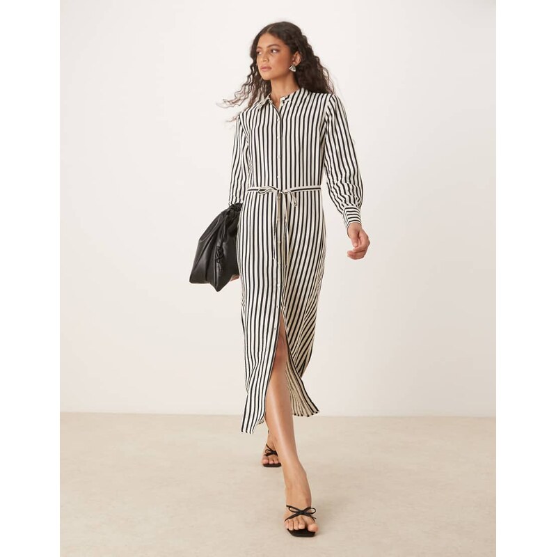 YAS tie waist maxi shirt dress in black and cream stripe-Multi 115510588