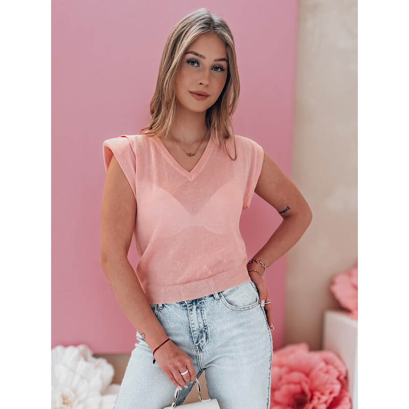 BASIC Světle růžová dámská průsvitná halenka s výstřihem do V
