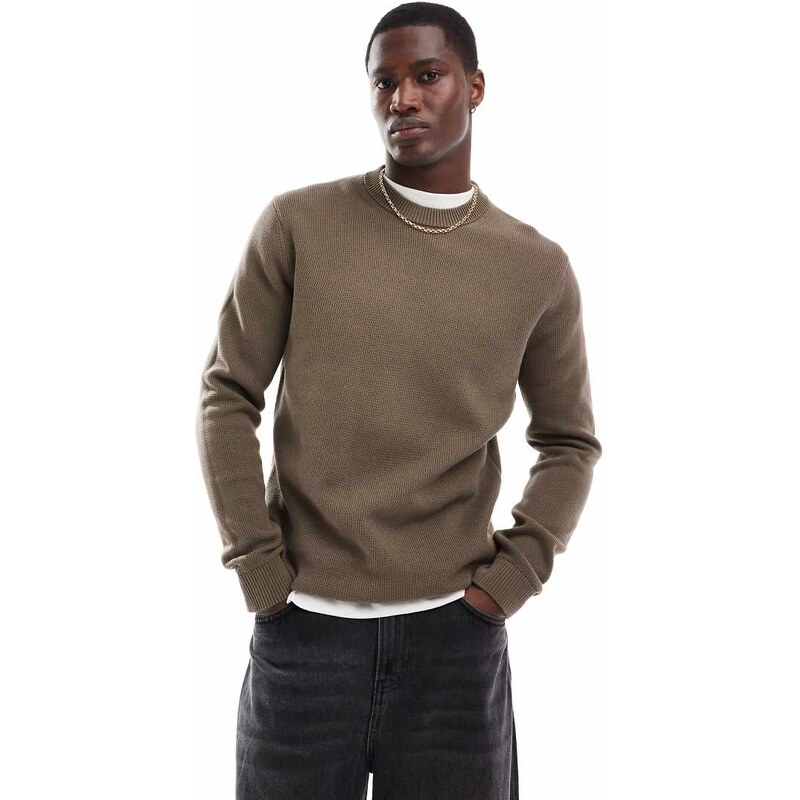 Selected 100% cotton knitted crew neck jumper in brown