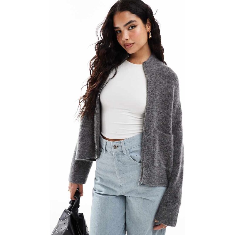 Selected zip thru alpaca blend fluffy cardigan with pockets in