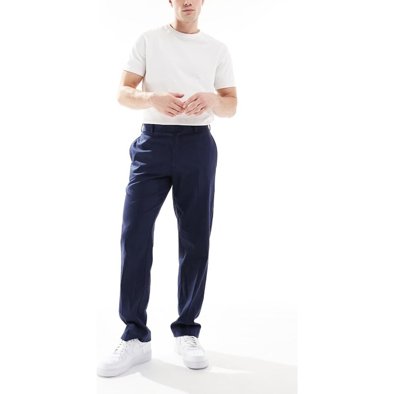 ASOS DESIGN smart straight leg linen blend trousers in navy