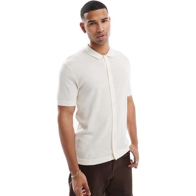 Jack & Jones knitted button through polo in cream-White
