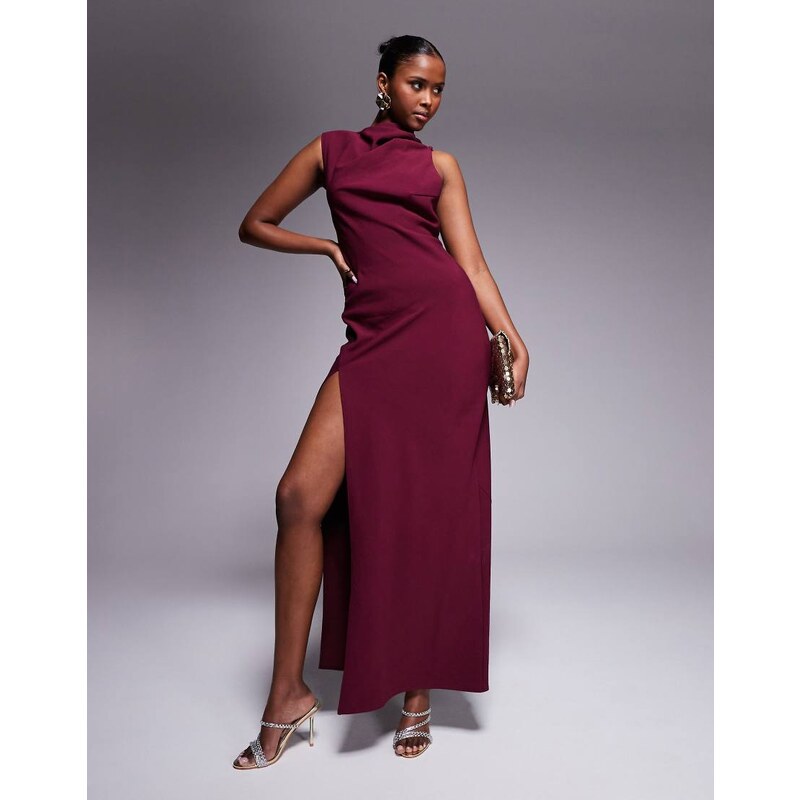 ASOS DESIGN satin asymmetric neck side bust maxi dress in burgundy-Red 104199330