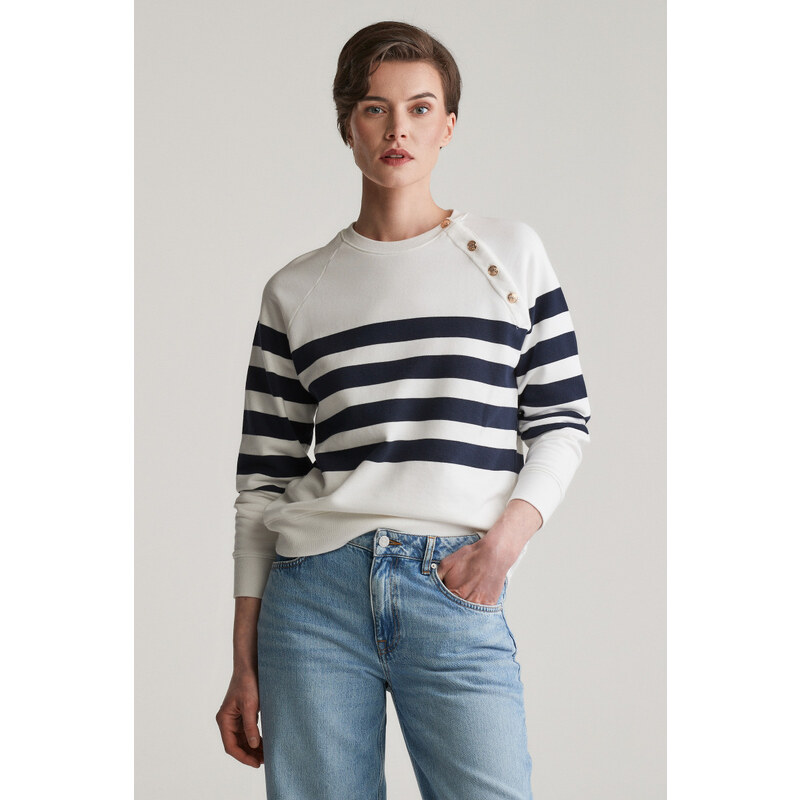MIKINA GANT STRIPED GOLD BUTTON C-NECK SWEAT EGGSHELL