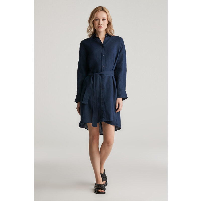 ŠATY GANT REL LINEN BELTED SHIRT DRESS EVENING BLUE