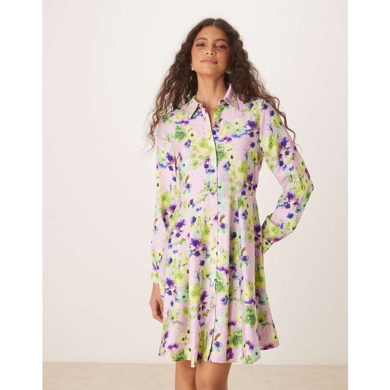 YAS flippy hem mini shirt dress in pale lilac flower print-Multi 114408340