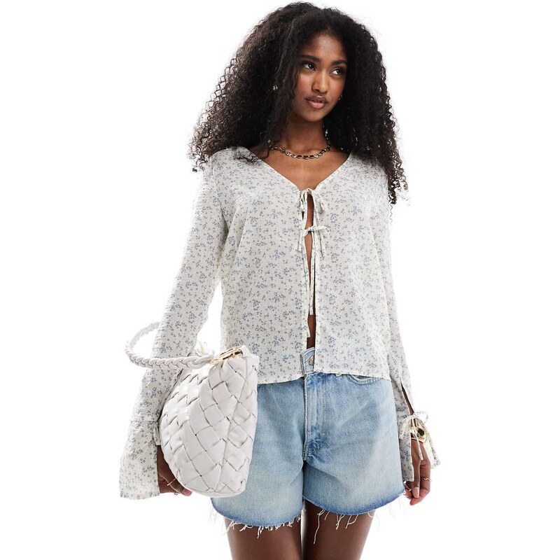 Brave Soul tie front ditsy print blouse in off white 105069960