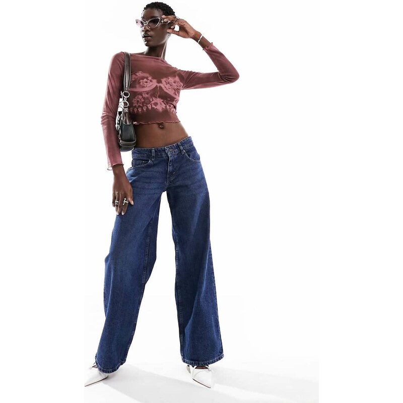 Motel extra wide low rise jeans in mid blue used wash 105212824