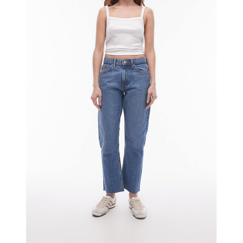 Topshop mid rise straight cropped jean with raw hems in mid blue 104260652